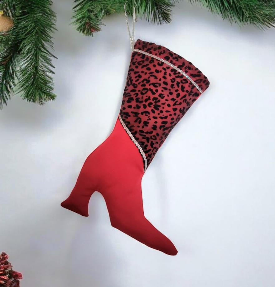Stiletto Heel Christmas Stocking: Red & Black Velvet Leopard Print