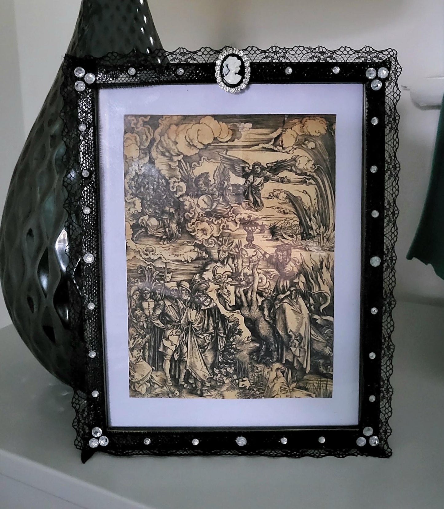 Picture Photo Frame OOAK Handpainted Black Lace Covered With Cameo & Diamontes 7"x 9" Gothic Decor Homes Interiors Great Gift PF5