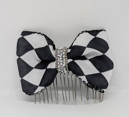 Black + White large check hair bow on a metal comb with rhinestones centre. Goth rockabilly party accessory fun punk gift ladies or girls