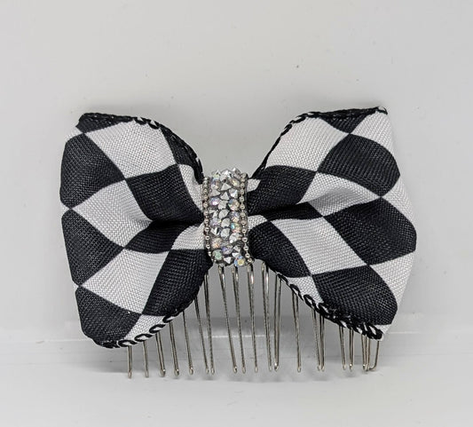 Black + White large check hair bow on a metal comb with rhinestones centre. Goth rockabilly party accessory fun punk gift ladies or girls