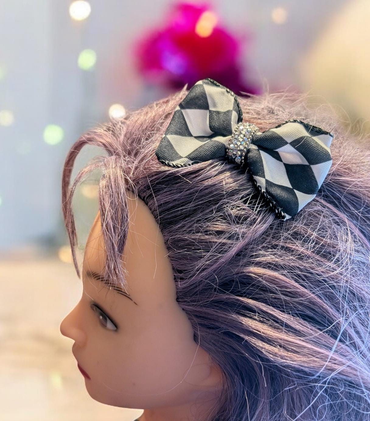 Black + White large check hair bow on a metal comb with rhinestones centre. Goth rockabilly party accessory fun punk gift ladies or girls