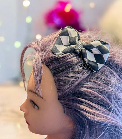 Black + White large check hair bow on a metal comb with rhinestones centre. Goth rockabilly party accessory fun punk gift ladies or girls