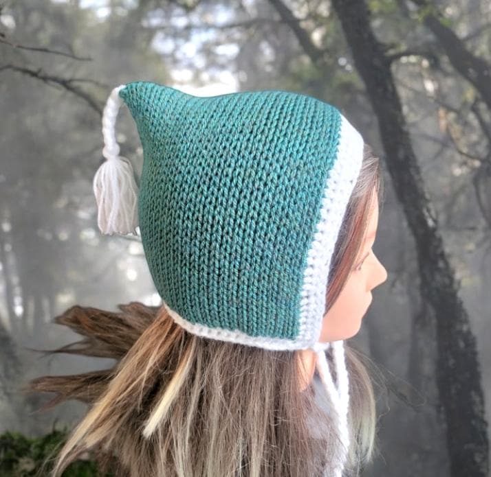 Knitted Woodland Forest Pixie Hat Child Bonnet Emo Goth Whimsy Green & White Elf Fairy Girl 4 - 8 Year Old Winter Gift HT40