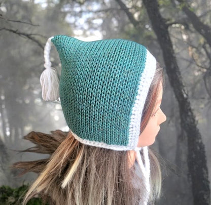 Knitted Woodland Forest Pixie Hat Child Bonnet Emo Goth Whimsy Green & White Elf Fairy Girl 4 - 8 Year Old Winter Gift HT40