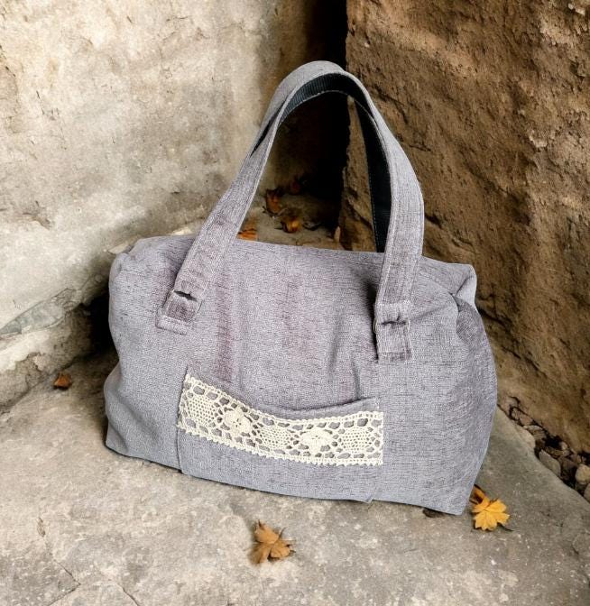Handmade OOAK Velvet Chenille Carpet Style Bag Holdall Bowling Handbag Grey Silver With Lace Detail Fully Lined Bag Great Gift BG12