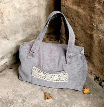 Handmade OOAK Velvet Chenille Carpet Style Bag Holdall Bowling Handbag Grey Silver With Lace Detail Fully Lined Bag Great Gift BG12