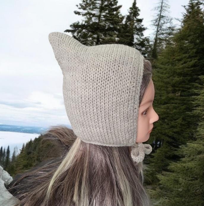 Oatmeal Beige Knitted Bonnet 100% Pure Virgin Wool Handmade Pixie Bow Tie Hat Adult Woodland Whimsy Elf Fairy Winter Gift PW1