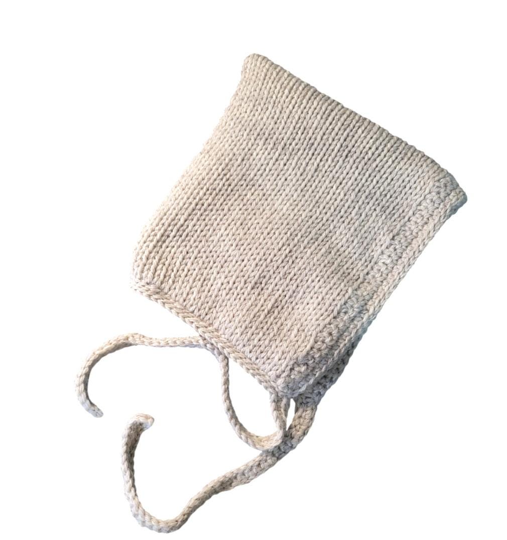 Oatmeal Beige Knitted Bonnet 100% Pure Virgin Wool Handmade Pixie Bow Tie Hat Adult Woodland Whimsy Elf Fairy Winter Gift PW1