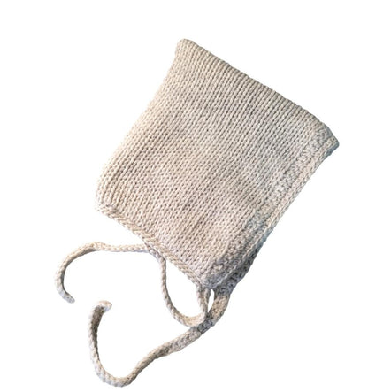 Oatmeal Beige Knitted Bonnet 100% Pure Virgin Wool Handmade Pixie Bow Tie Hat Adult Woodland Whimsy Elf Fairy Winter Gift PW1