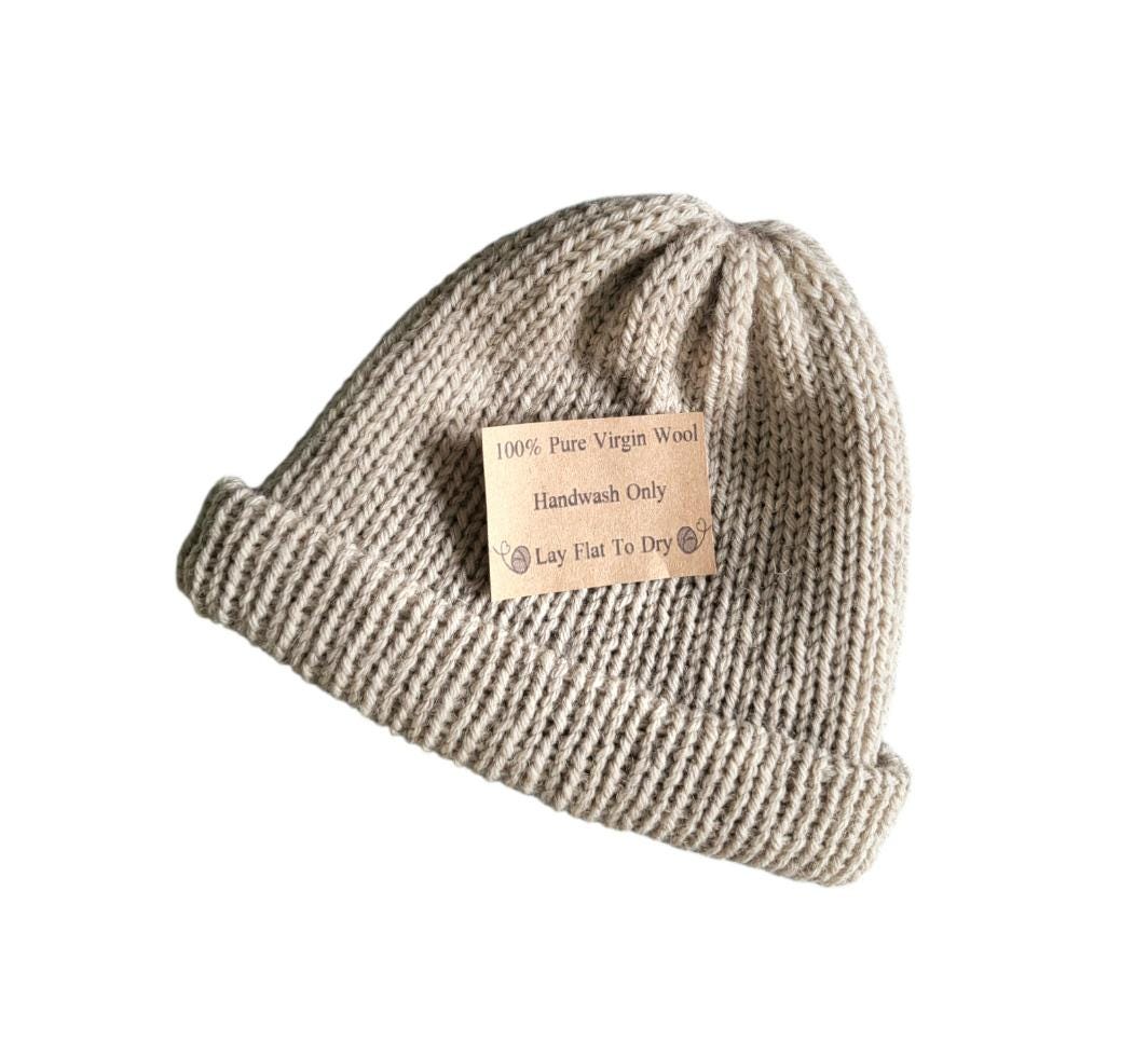Oatmeal Beige Knitted Beanie Fishermans Hat 100% Pure Virgin Wool Handmade Adult Woodland Winter Gift PW2