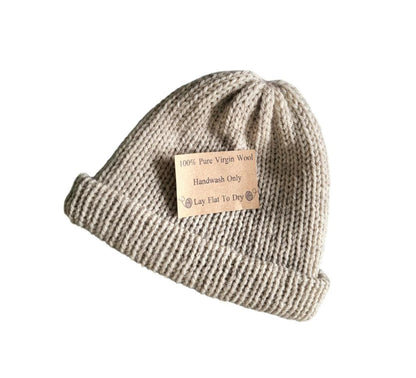 Oatmeal Beige Knitted Beanie Fishermans Hat 100% Pure Virgin Wool Handmade Adult Woodland Winter Gift PW2