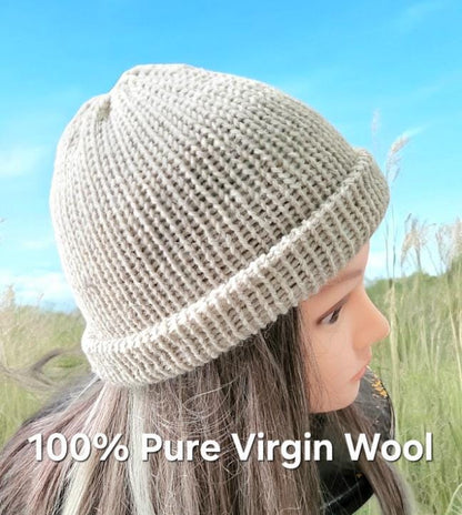 Oatmeal Beige Knitted Beanie Fishermans Hat 100% Pure Virgin Wool Handmade Adult Woodland Winter Gift PW2