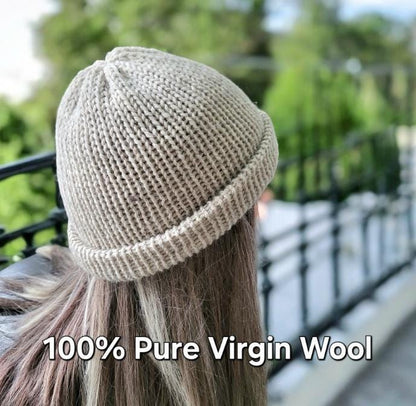 Oatmeal Beige Knitted Beanie Fishermans Hat 100% Pure Virgin Wool Handmade Adult Woodland Winter Gift PW2