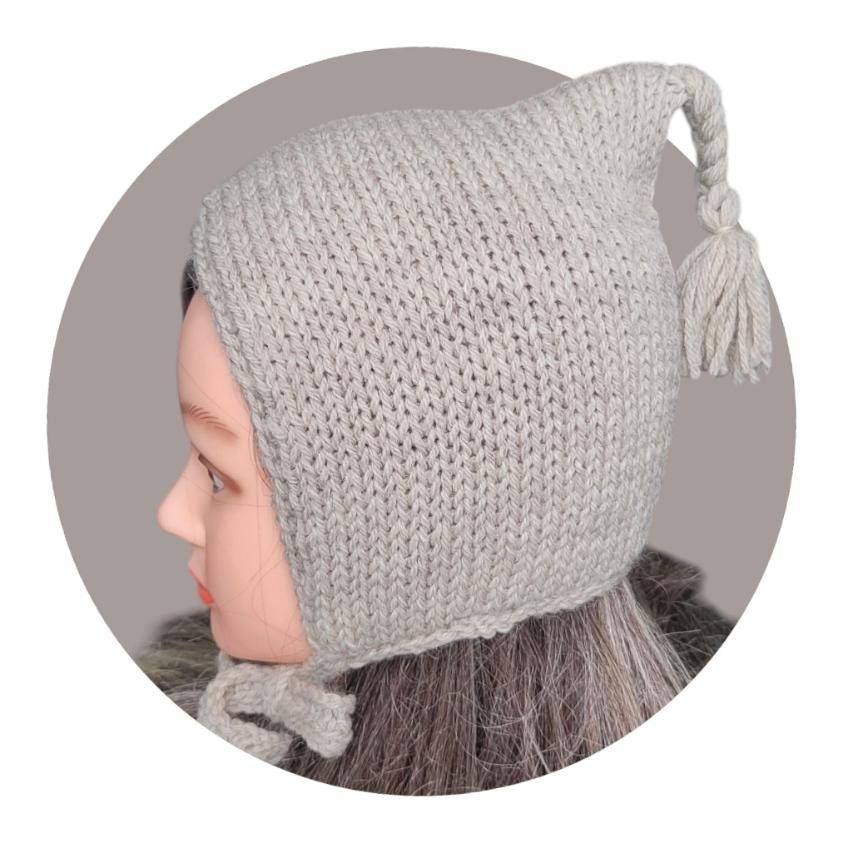 Oatmeal Beige Knitted Bonnet 100% Pure Virgin Wool With Tassel Handmade Pixie Bow Tie Hat Adult Woodland Whimsy Elf Fairy Winter Gift PW3
