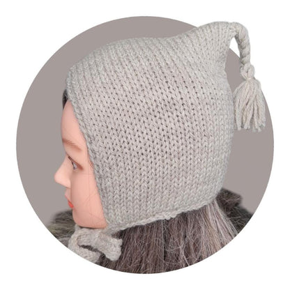 Oatmeal Beige Knitted Bonnet 100% Pure Virgin Wool With Tassel Handmade Pixie Bow Tie Hat Adult Woodland Whimsy Elf Fairy Winter Gift PW3