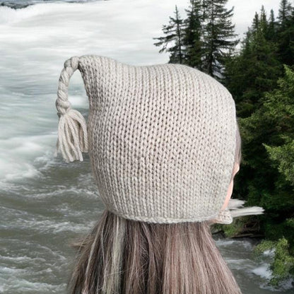 Oatmeal Beige Knitted Bonnet 100% Pure Virgin Wool With Tassel Handmade Pixie Bow Tie Hat Adult Woodland Whimsy Elf Fairy Winter Gift PW3