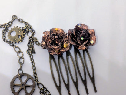 Handmade Steampunk Hair Comb, Rose & Cog Chain, Gift Boxed