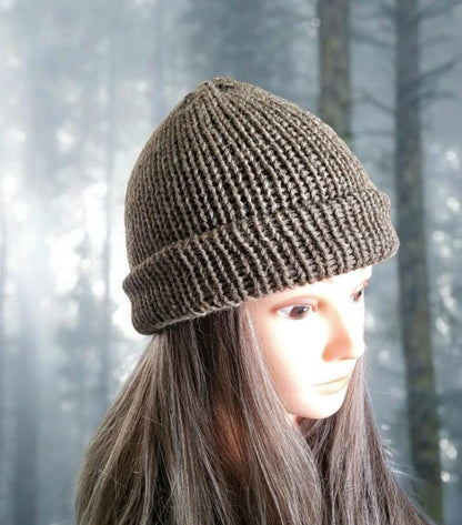 Light Brown Knitted Beanie Fishermans Hat 100% Pure Virgin Wool Handmade Adult Woodland Winter Gift PW4