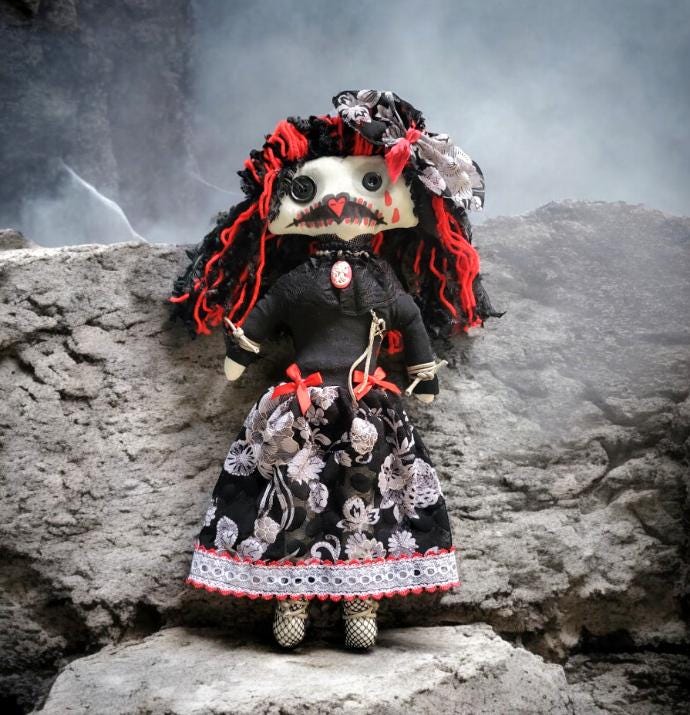Handmade Gothic Art Doll Scary 19" OOAK Weird Ragdoll Fantasy Creepy Button Eyes Collectable Freaky Gift Spooky Black Red AD17