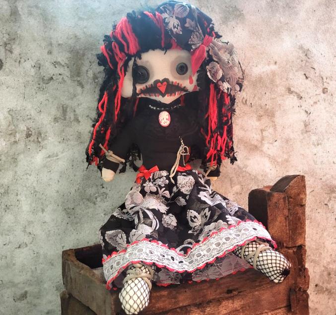 Handmade Gothic Art Doll Scary 19" OOAK Weird Ragdoll Fantasy Creepy Button Eyes Collectable Freaky Gift Spooky Black Red AD17