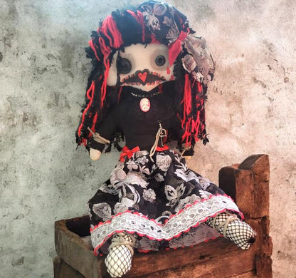 Handmade Gothic Art Doll Scary 19" OOAK Weird Ragdoll Fantasy Creepy Button Eyes Collectable Freaky Gift Spooky Black Red AD17