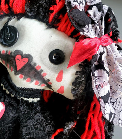 Handmade Gothic Art Doll Scary 19" OOAK Weird Ragdoll Fantasy Creepy Button Eyes Collectable Freaky Gift Spooky Black Red AD17