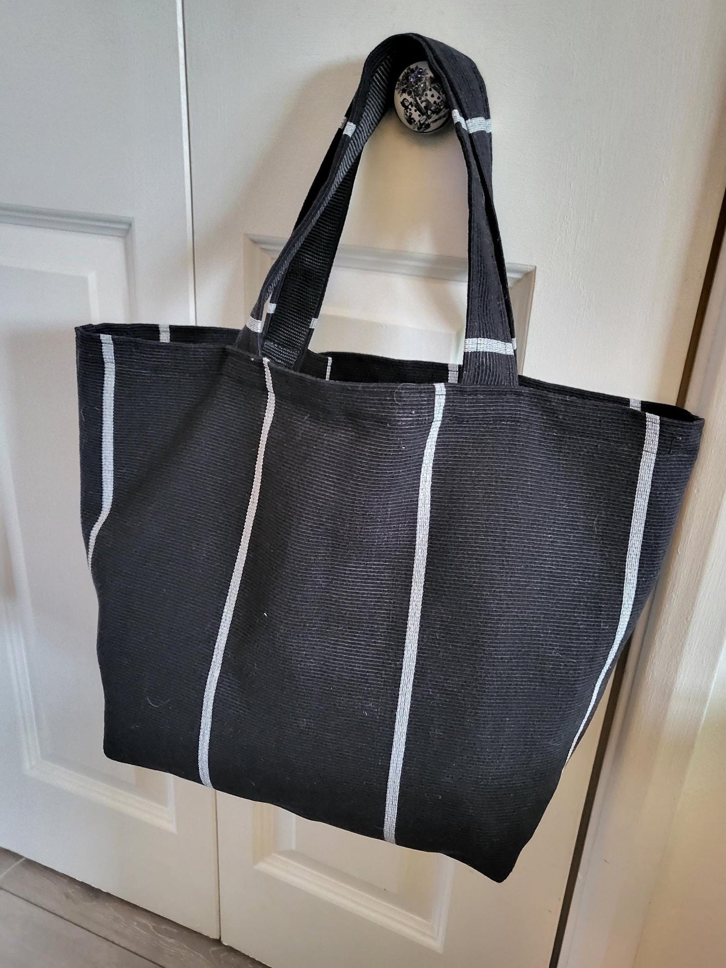 Handmade Thick Black White Corded Fabric OOAK Shoulder Tote Bag Shopper Goth Funky Travel Festival Gift BG6