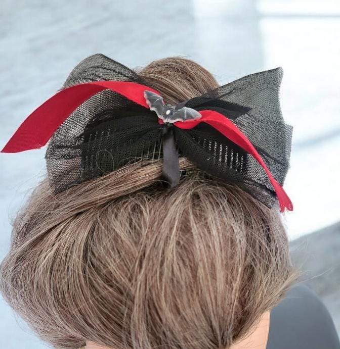 Gothic Bat Hair Bow - Black & Red Satin Ribbon, Handmade