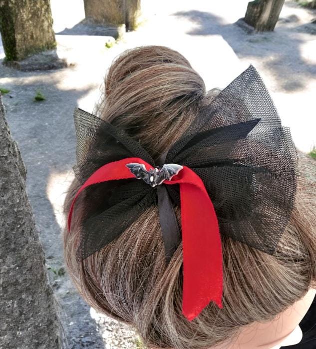 Gothic Bat Hair Bow - Black & Red Satin Ribbon, Handmade