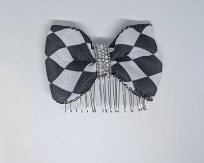 Black + White large check hair bow on a metal comb with rhinestones centre. Goth rockabilly party accessory fun punk gift ladies or girls