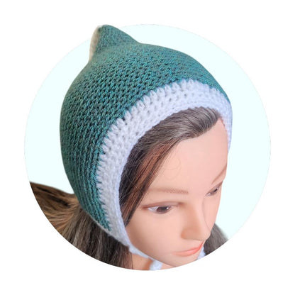 Knitted Woodland Forest Pixie Hat Child Bonnet Emo Goth Whimsy Green & White Elf Fairy Girl 4 - 8 Year Old Winter Gift HT40