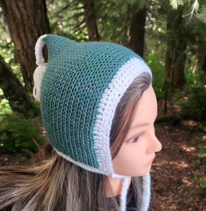 Knitted Woodland Forest Pixie Hat Child Bonnet Emo Goth Whimsy Green & White Elf Fairy Girl 4 - 8 Year Old Winter Gift HT40