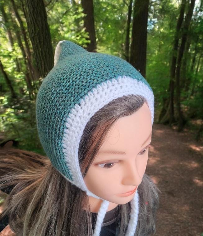 Knitted Woodland Forest Pixie Hat Child Bonnet Emo Goth Whimsy Green & White Elf Fairy Girl 4 - 8 Year Old Winter Gift HT40