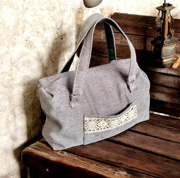 Handmade OOAK Velvet Chenille Carpet Style Bag Holdall Bowling Handbag Grey Silver With Lace Detail Fully Lined Bag Great Gift BG12