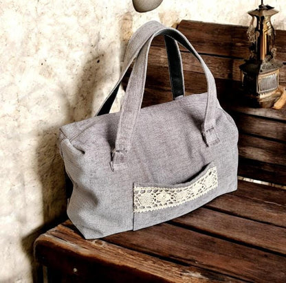 Handmade OOAK Velvet Chenille Carpet Style Bag Holdall Bowling Handbag Grey Silver With Lace Detail Fully Lined Bag Great Gift BG12