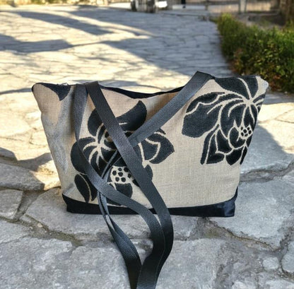 Handmade Jacquard Velvet Tote Bag, Floral Shopper Handbag