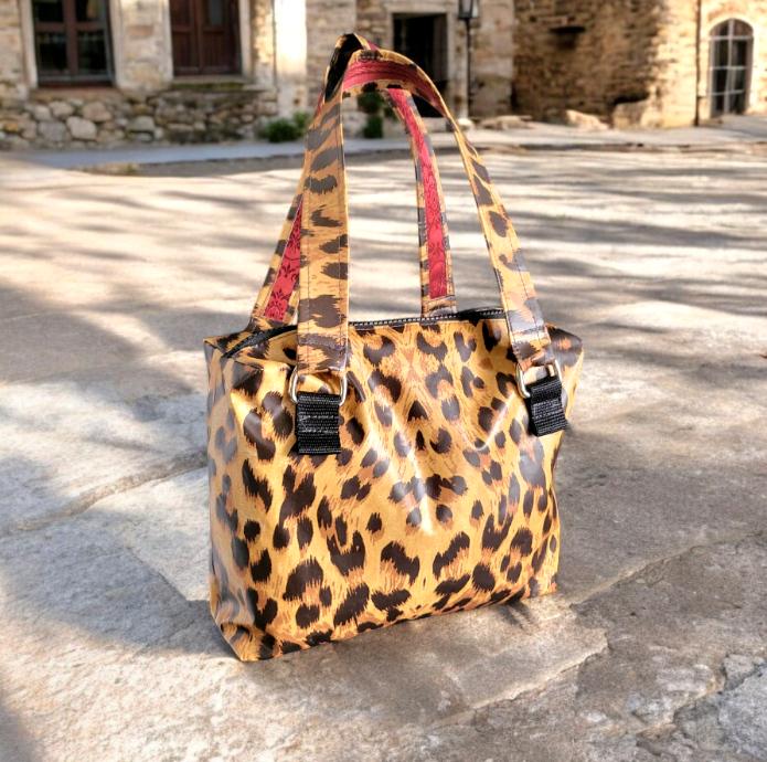 Handmade OOAK PVC Leopard Print Bowling Style Bag Handbag Brown Tan Red Animal Print Fully Lined Cute Gift Idea Waterproof BG19