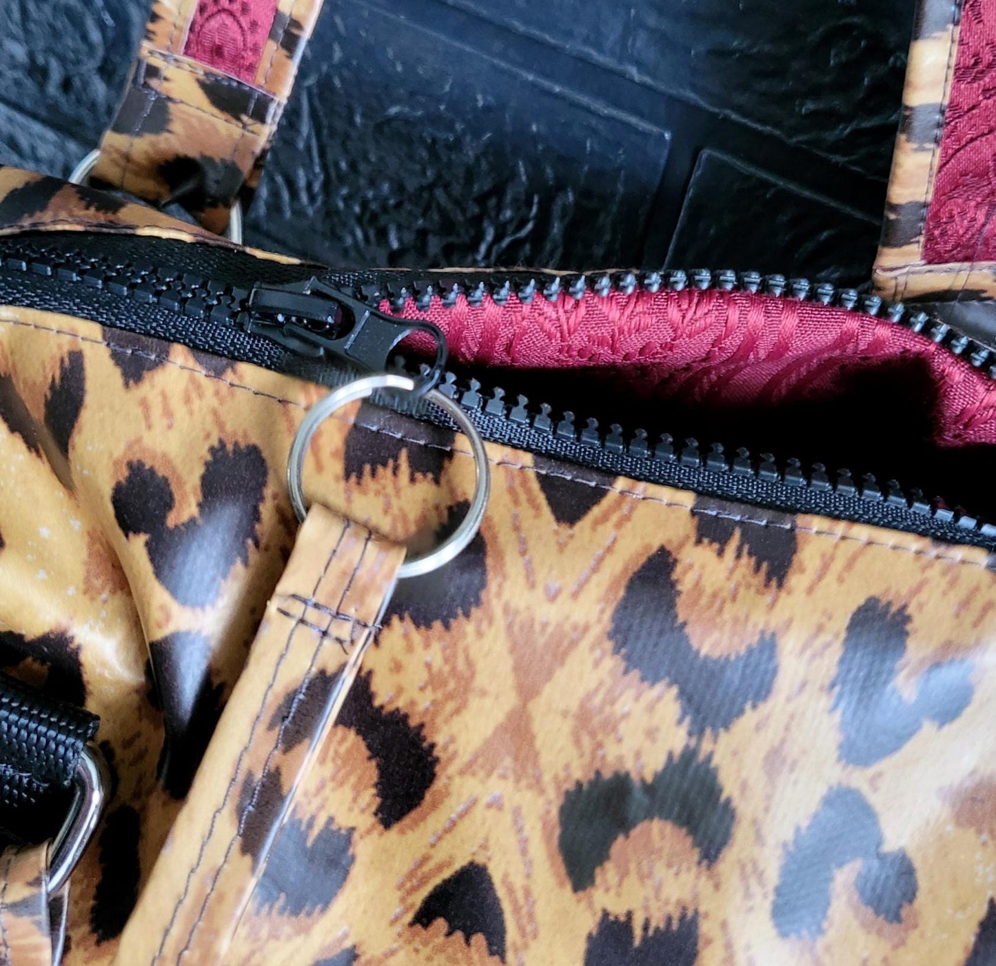 Handmade OOAK PVC Leopard Print Bowling Style Bag Handbag Brown Tan Red Animal Print Fully Lined Cute Gift Idea Waterproof BG19