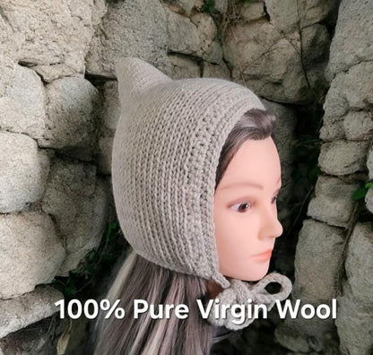 Oatmeal Beige Knitted Bonnet 100% Pure Virgin Wool Handmade Pixie Bow Tie Hat Adult Woodland Whimsy Elf Fairy Winter Gift PW1