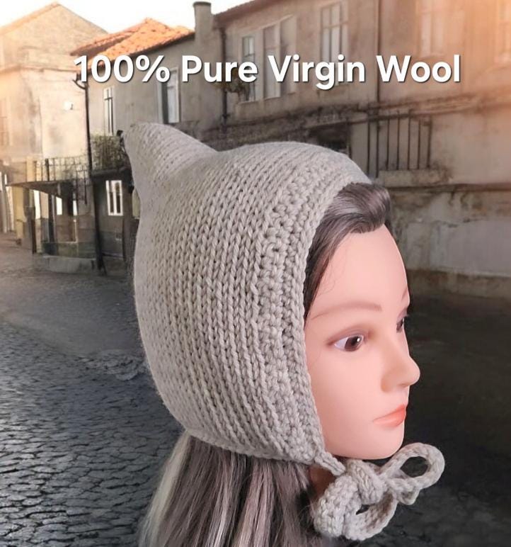 Oatmeal Beige Knitted Bonnet 100% Pure Virgin Wool Handmade Pixie Bow Tie Hat Adult Woodland Whimsy Elf Fairy Winter Gift PW1
