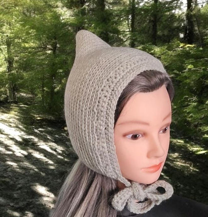 Oatmeal Beige Knitted Bonnet 100% Pure Virgin Wool Handmade Pixie Bow Tie Hat Adult Woodland Whimsy Elf Fairy Winter Gift PW1