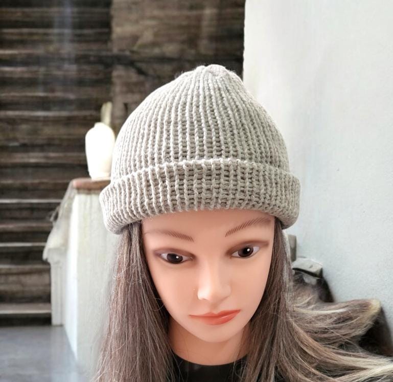 Oatmeal Beige Knitted Beanie Fishermans Hat 100% Pure Virgin Wool Handmade Adult Woodland Winter Gift PW2