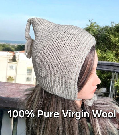 Oatmeal Beige Knitted Bonnet 100% Pure Virgin Wool With Tassel Handmade Pixie Bow Tie Hat Adult Woodland Whimsy Elf Fairy Winter Gift PW3