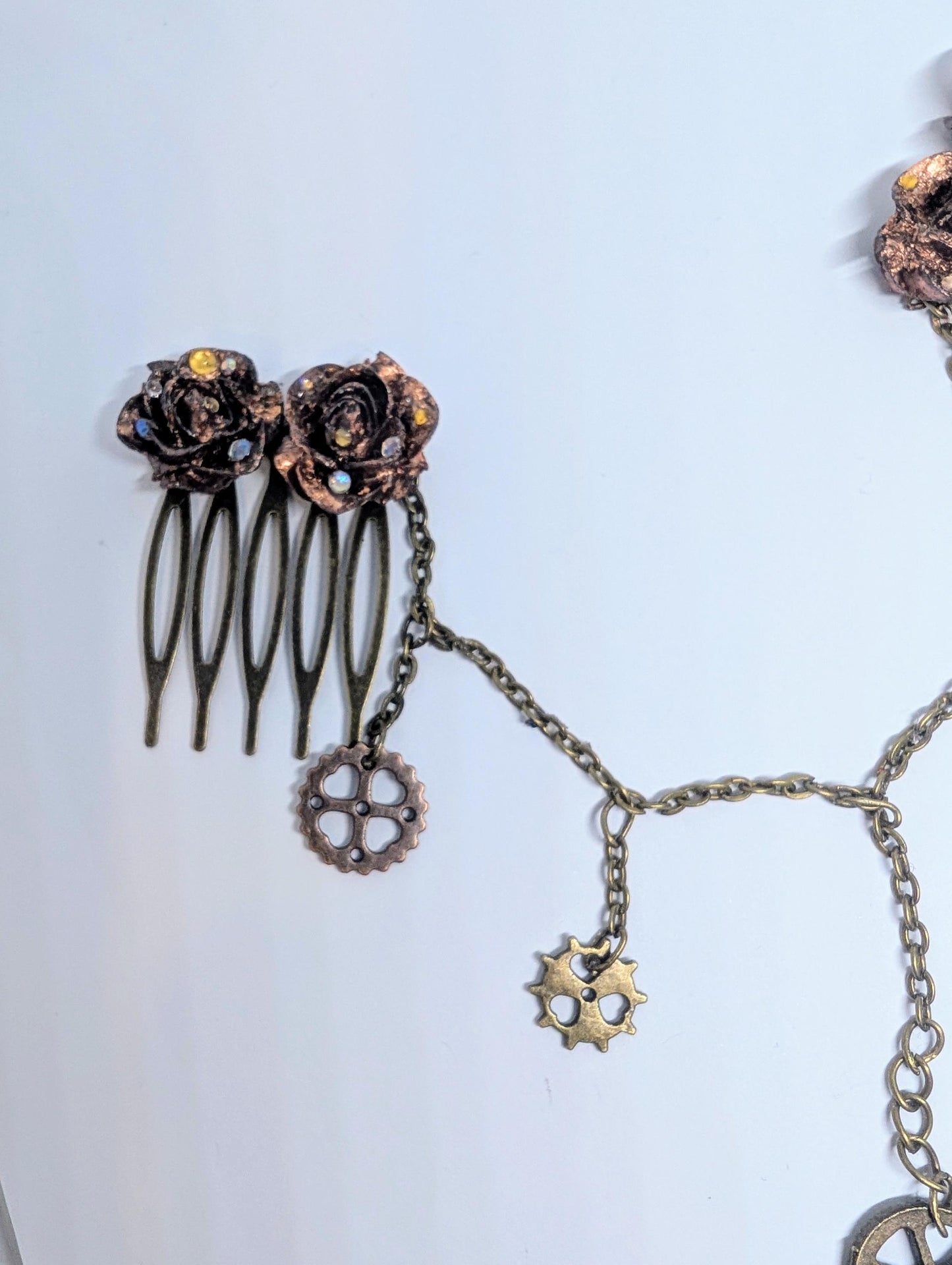 Handmade Steampunk Hair Comb, Rose & Cog Chain, Gift Boxed