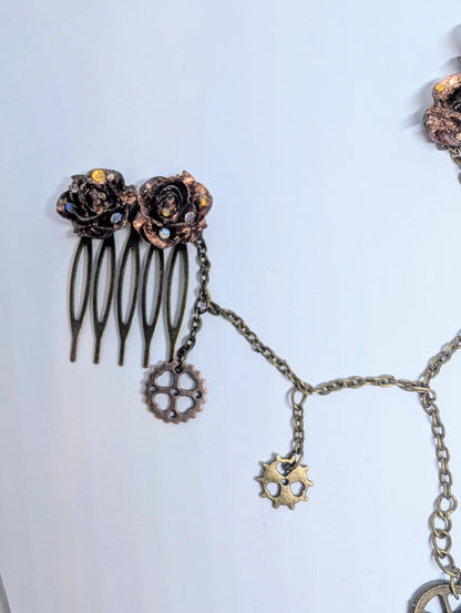 Handmade Steampunk Hair Comb, Rose & Cog Chain, Gift Boxed