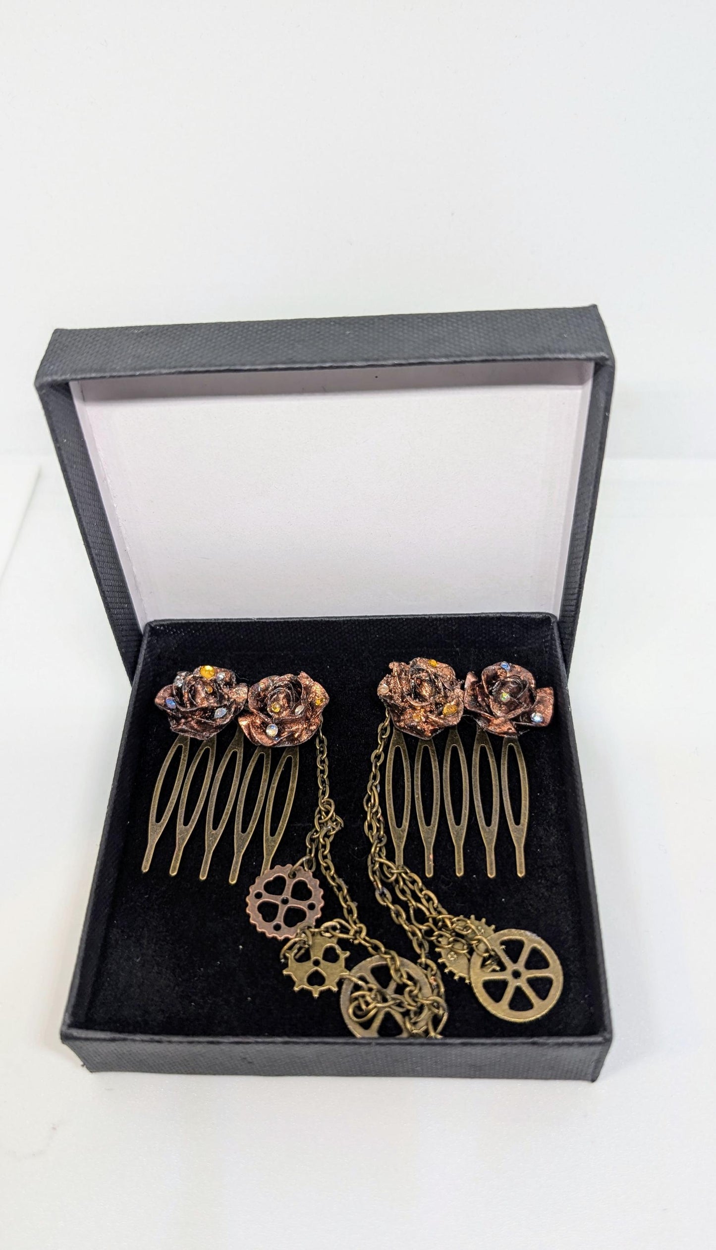 Handmade Steampunk Hair Comb, Rose & Cog Chain, Gift Boxed