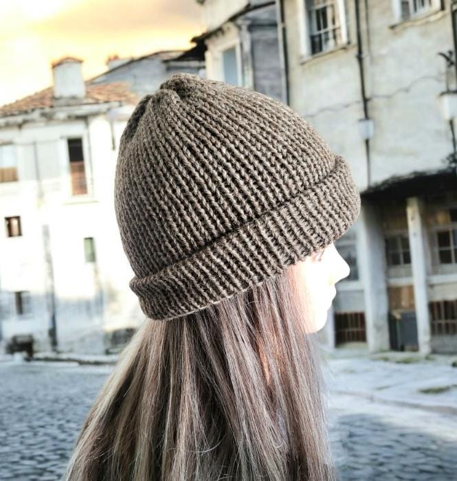 Light Brown Knitted Beanie Fishermans Hat 100% Pure Virgin Wool Handmade Adult Woodland Winter Gift PW4