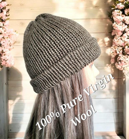Light Brown Knitted Beanie Fishermans Hat 100% Pure Virgin Wool Handmade Adult Woodland Winter Gift PW4