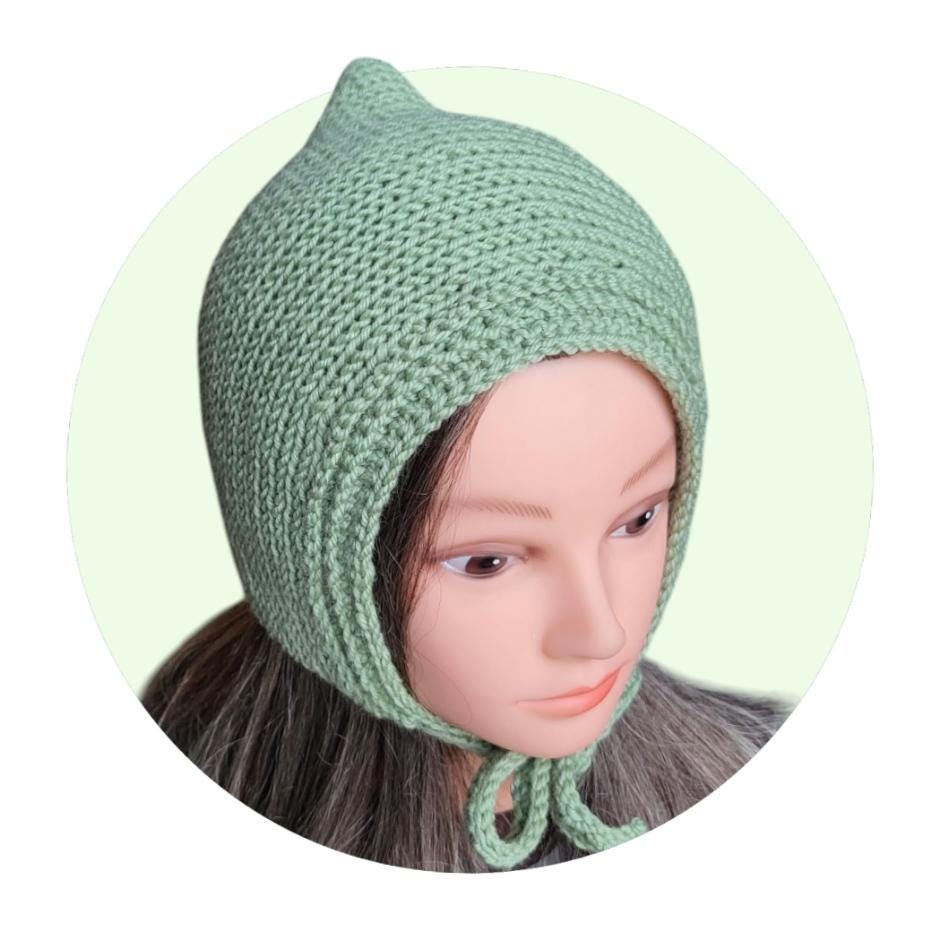 Handmade Green Merino Wool Pixie Bonnet - Adult Knitted Tie Hat