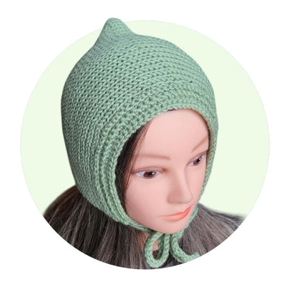 Handmade Green Merino Wool Pixie Bonnet - Adult Knitted Tie Hat